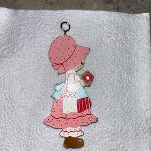 Vintage Holly Hobbie Wooden Christmas Doll/Hand Painted Ornament Pink Patchwork